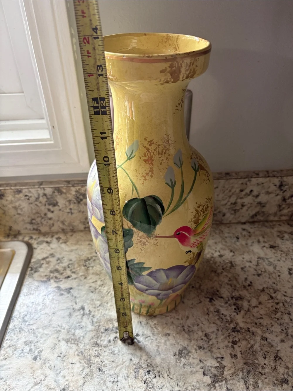 Hand-Painted Floral Ceramic Vase in Yellow with Purple Flowers